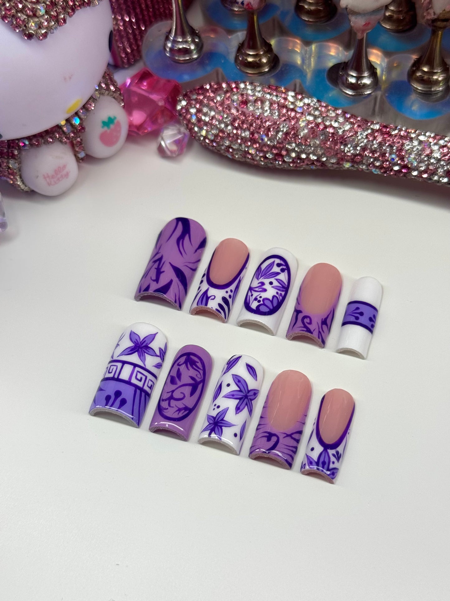 Y2K Purple Floral Designs Acrylic Press On Nails