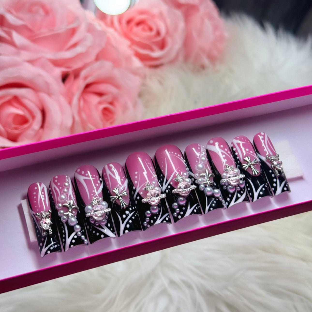 Luxury Press On Nails Pink Acrylic Coquette Black French Tips & Pearls