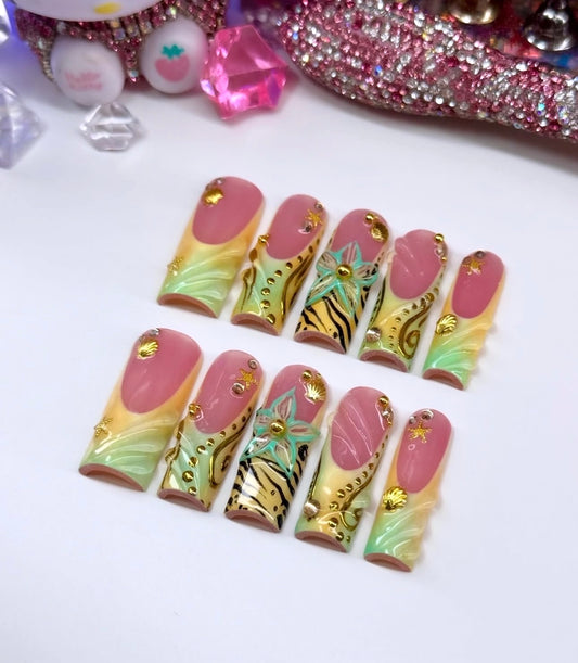 Acrylic Baddie French Tips Green & Yellow 3D Press Ons