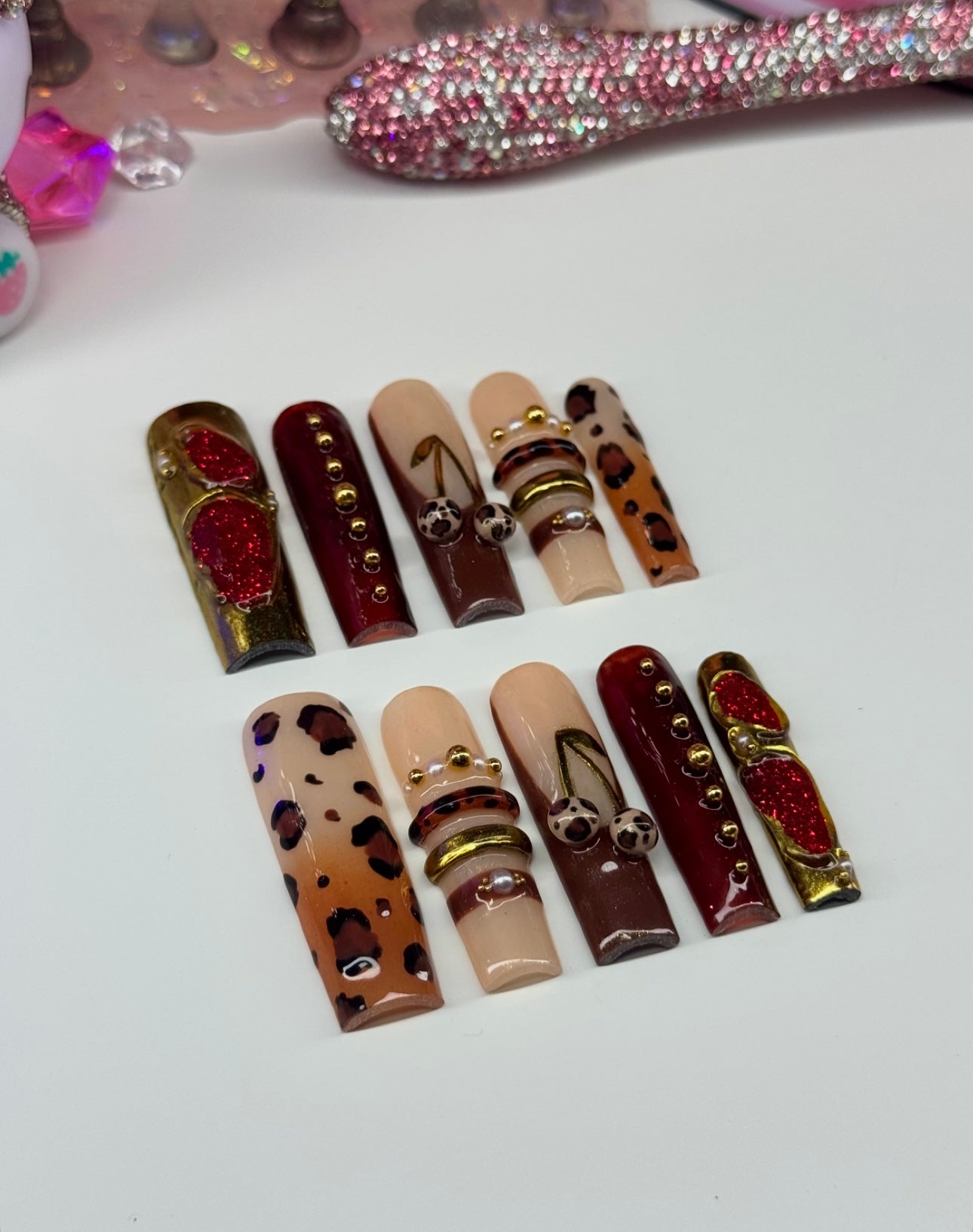 Acrylic Fall 3D Brown Bangle French Tip & Chrome Press On Nails
