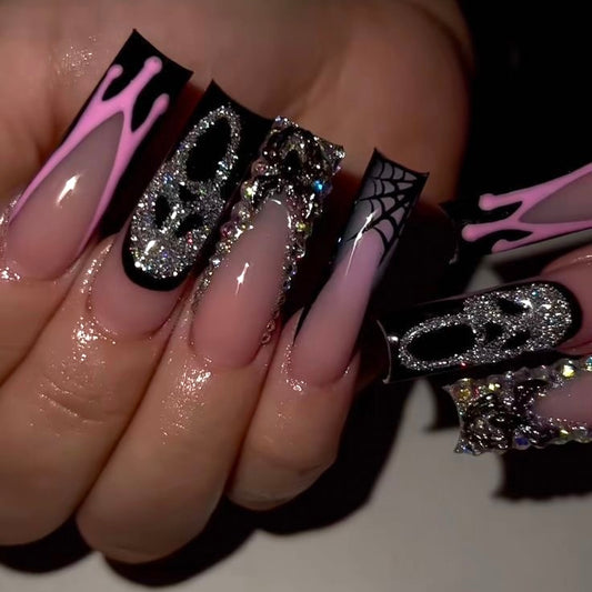 Acrylic Fall & Halloween Ghostface Press On Nails Spooky Pink & Bling