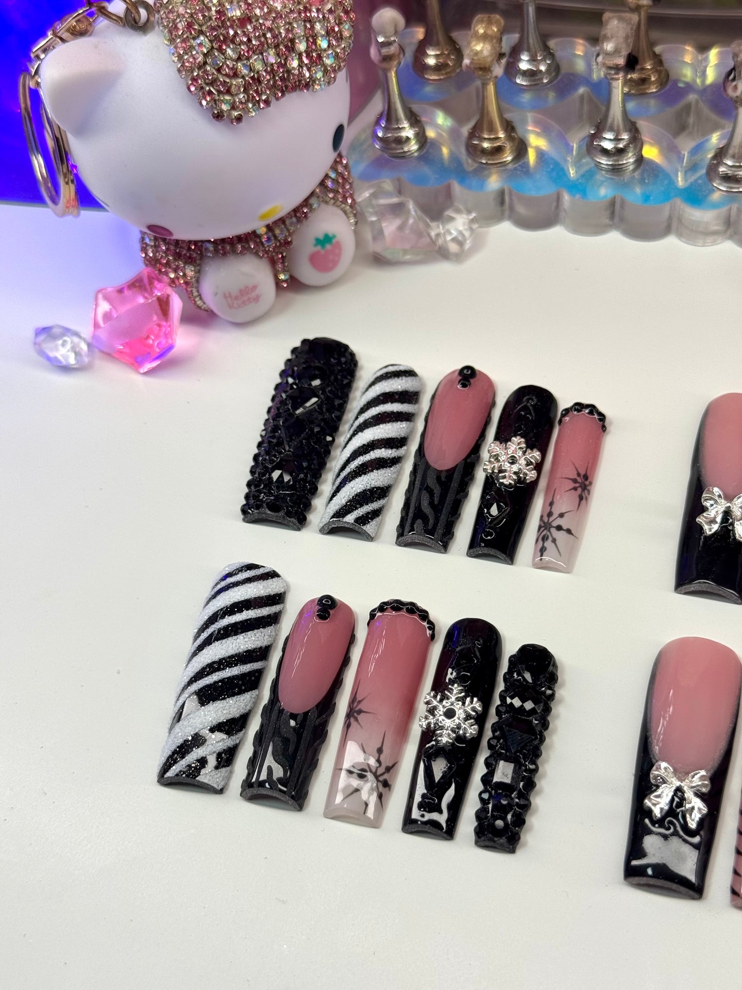 Acrylic Baddie Christmas Black Holiday Snowflakes Press On Nails