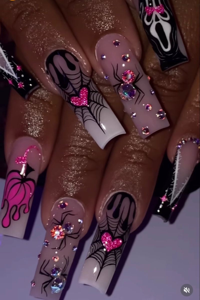 Acrylic French Tips Fall Autumn Halloween Pink Spooky Press On Nails