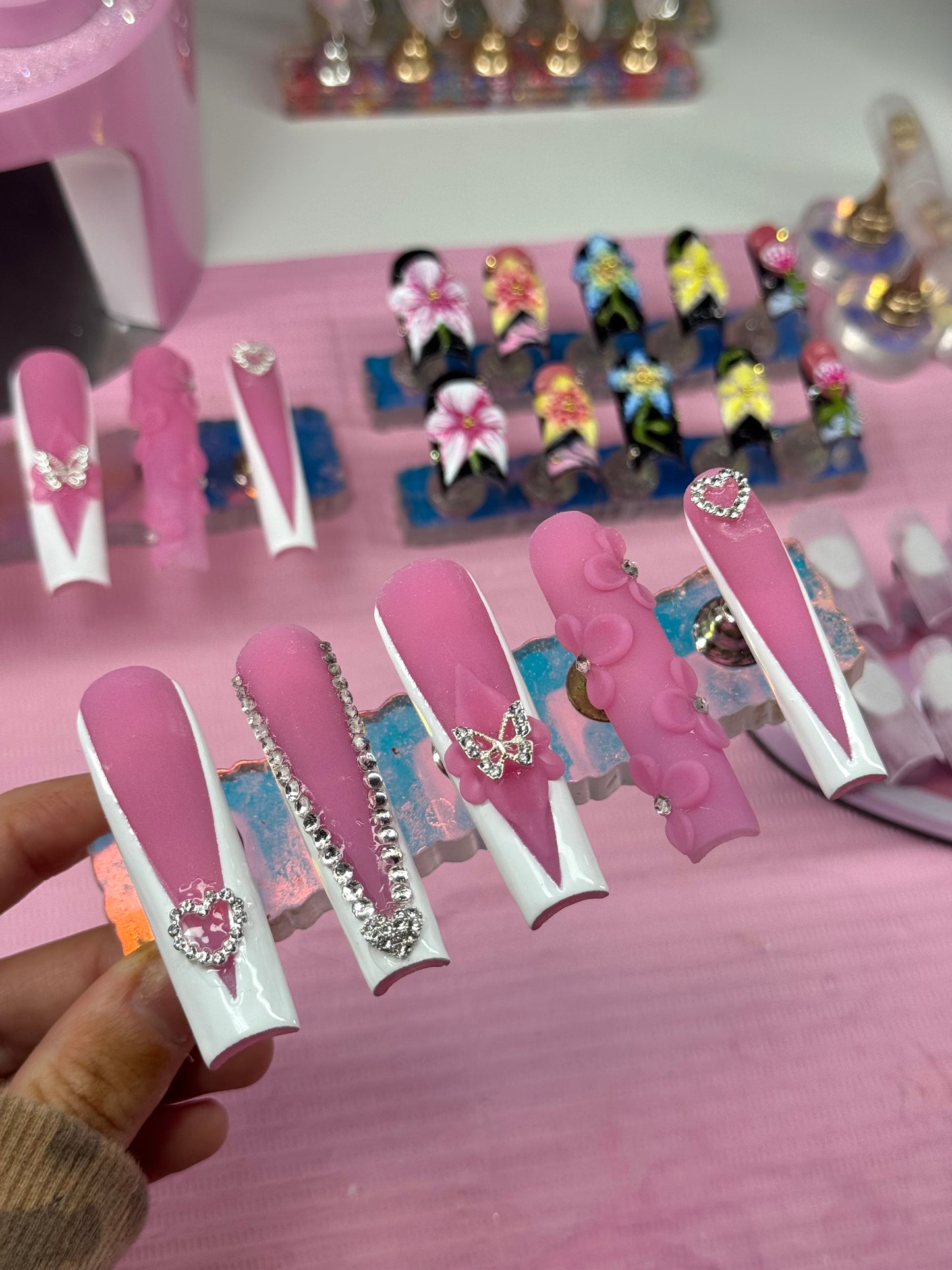 Y2K White French Tips Pink Acrylic Press On Nails & Bling