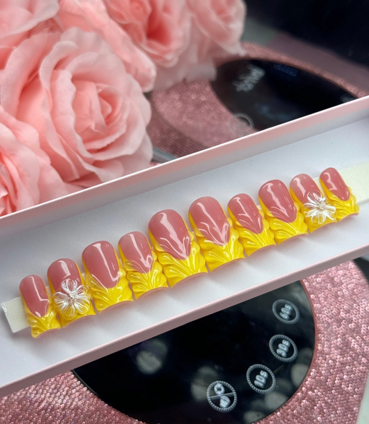 Cute Acrylic Y2K French Tip 3D Yellow Press On Nails