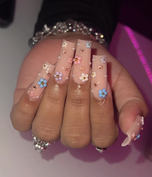 Luxury Baddie Nude & Flowers Spring Acrylic Bling Press On Nails