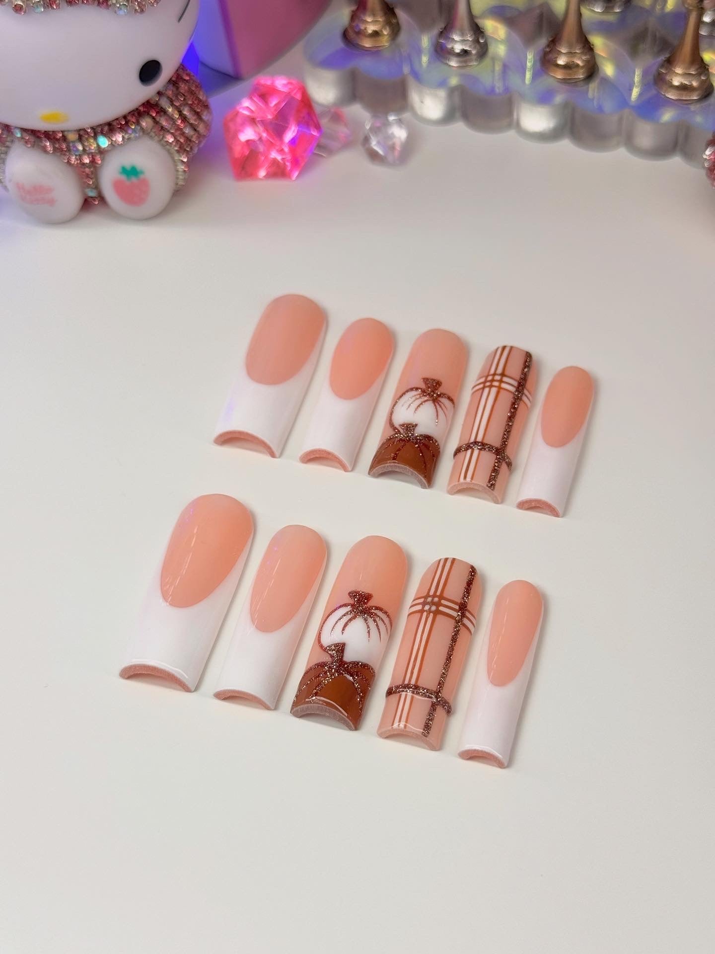 Acrylic Luxury Baddie Fall White Classic French Tips Plaid & Pumpkins