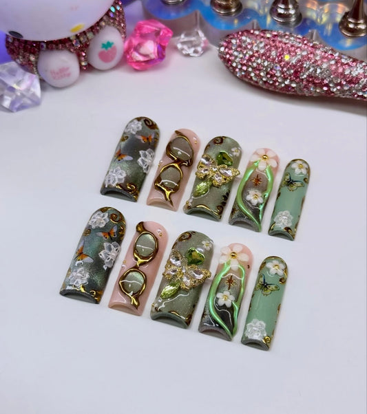 Acrylic Baddie French Tips Bling & Cat Eye Green Floral