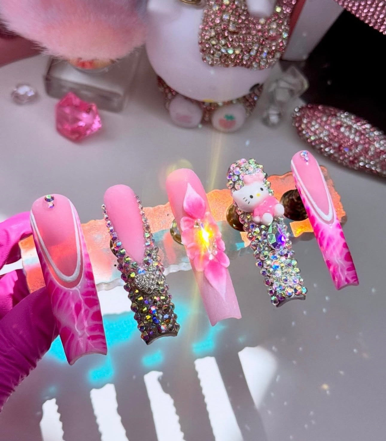 Acrylic Cute & Pretty Bling 3D Flowers Pink Press On Nails