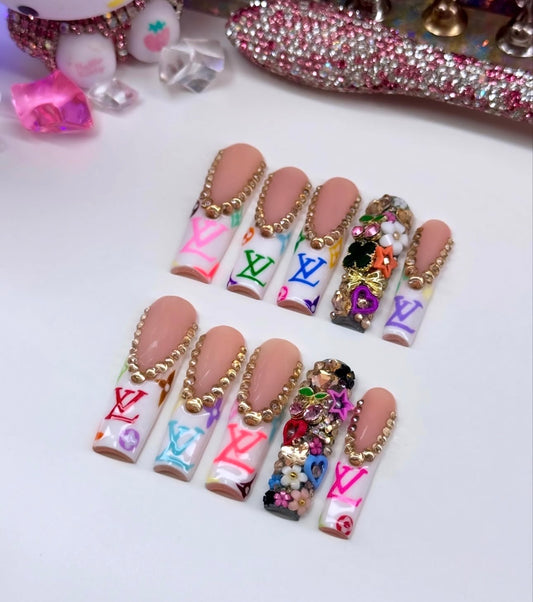 Y2K White Frenchies Colorful LV Acrylic Press On Nails