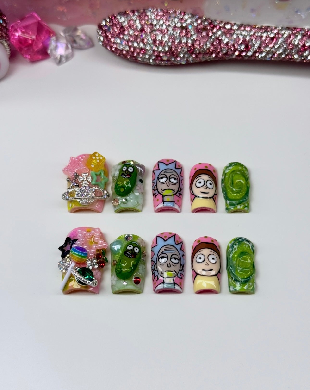 Y2K Rick & Morty Acrylic Junkie 3D Bling Press On Nails