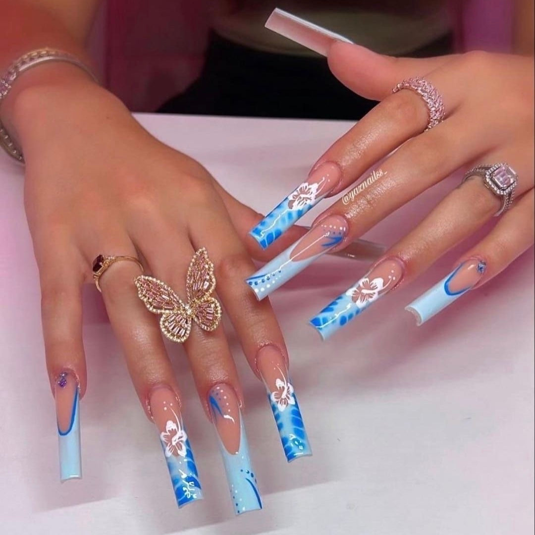 Luxury Acrylic Hibiscus Baddie Blue Spring French Tip Press On Nails