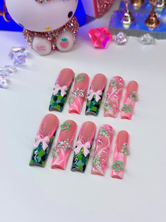 Acrylic Cute Y2K Baddie Camo Green & Pink Press On Nails