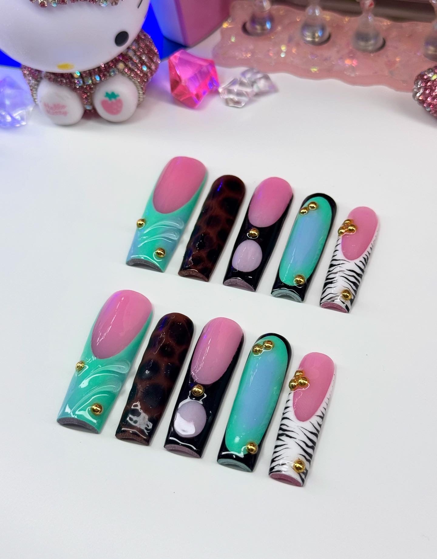 Acrylic Baddie Brown Blue Press On Nails Pink French Tips & Animal Print