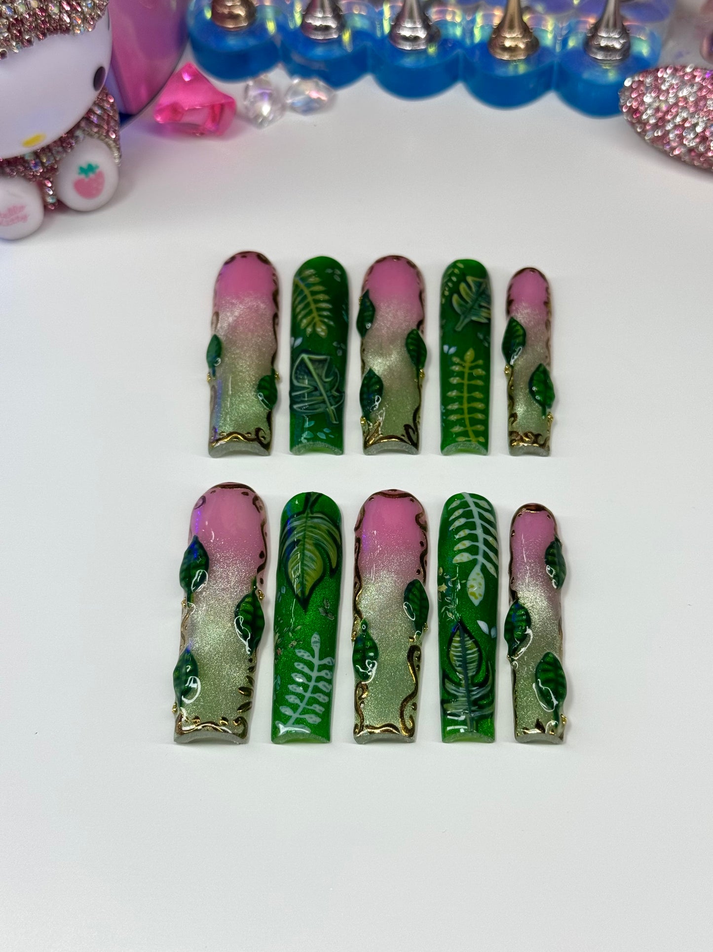 Acrylic Press On Nails Pretty Cat Eye Green Ombre & Monstera