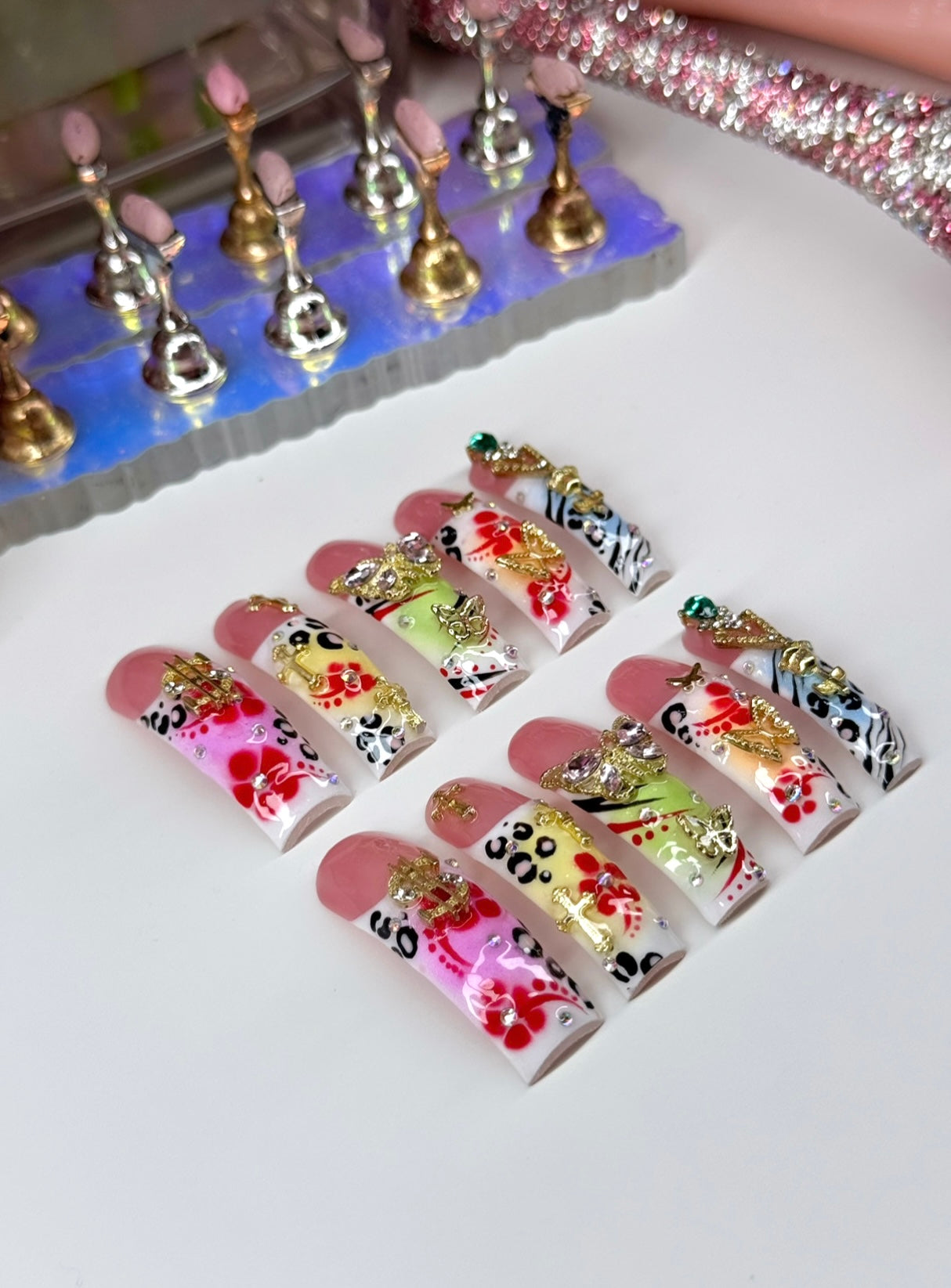 Acrylic Baddie Colorful Press On Nails With Bling & Flowers
