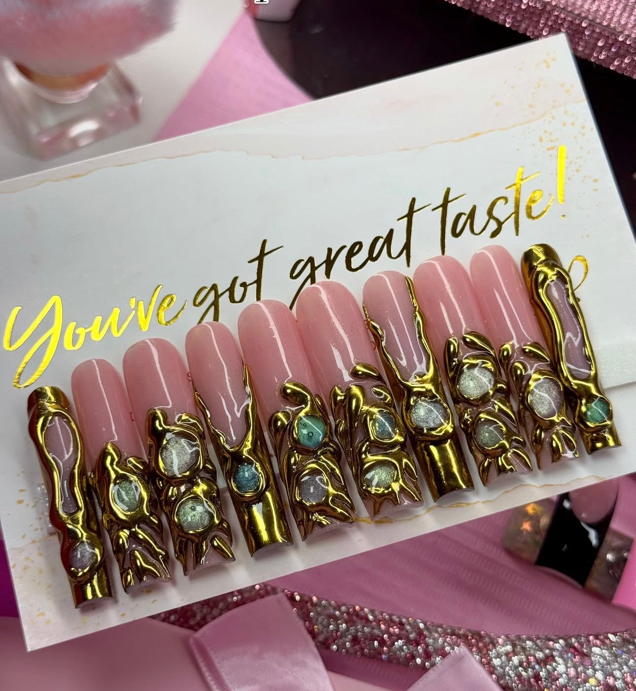 Y2K Sculpted Baddie Gold Chrome & 3D Cat Eye Acrylic Nails