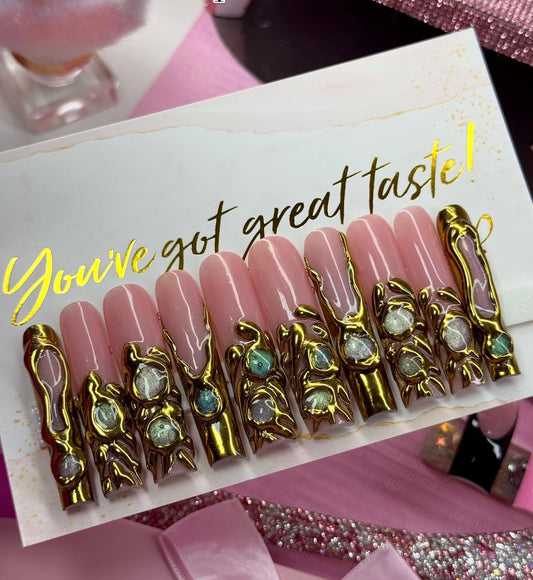 Y2K Sculpted Baddie Gold Chrome & 3D Cat Eye Acrylic Nails