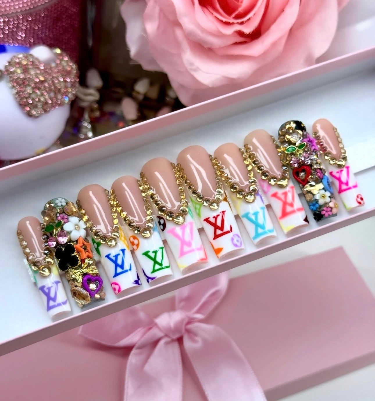 Y2K White Frenchies Colorful LV Acrylic Press On Nails