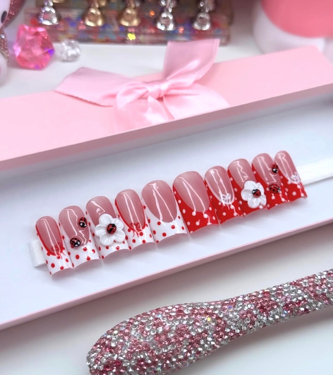 Acrylic Baddie Spring 3D Ladybugs & Flowers Red White Press On Nails