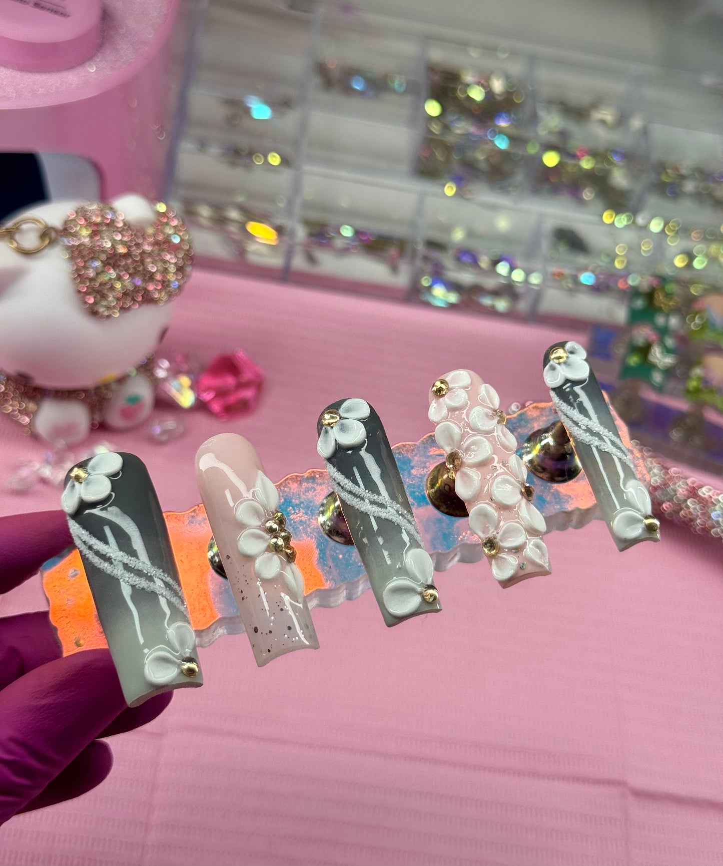 Acrylic Press On Nails Pretty Cute Gray 3D Flowers & Bling