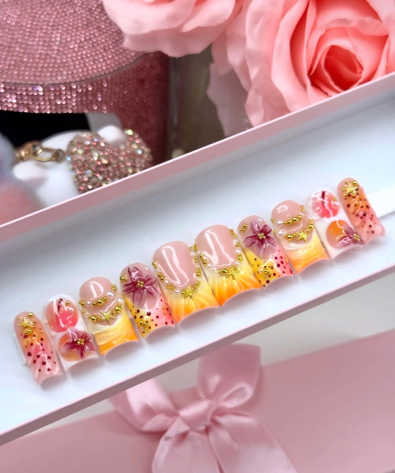 Acrylic Baddie French Tips Orange Sculpted Floral Press On Nails