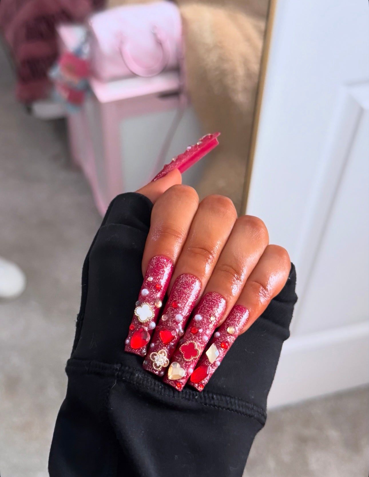 Y2K Van Cleef Red Baddie Bling Acrylic Press On Nails
