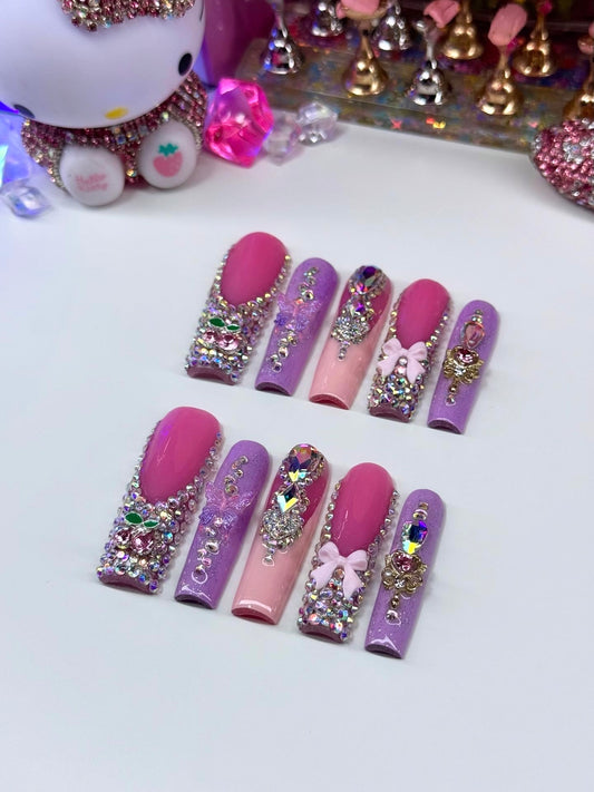 Acrylic Baddie Bows & Bling Pink Coquette Press On Nails