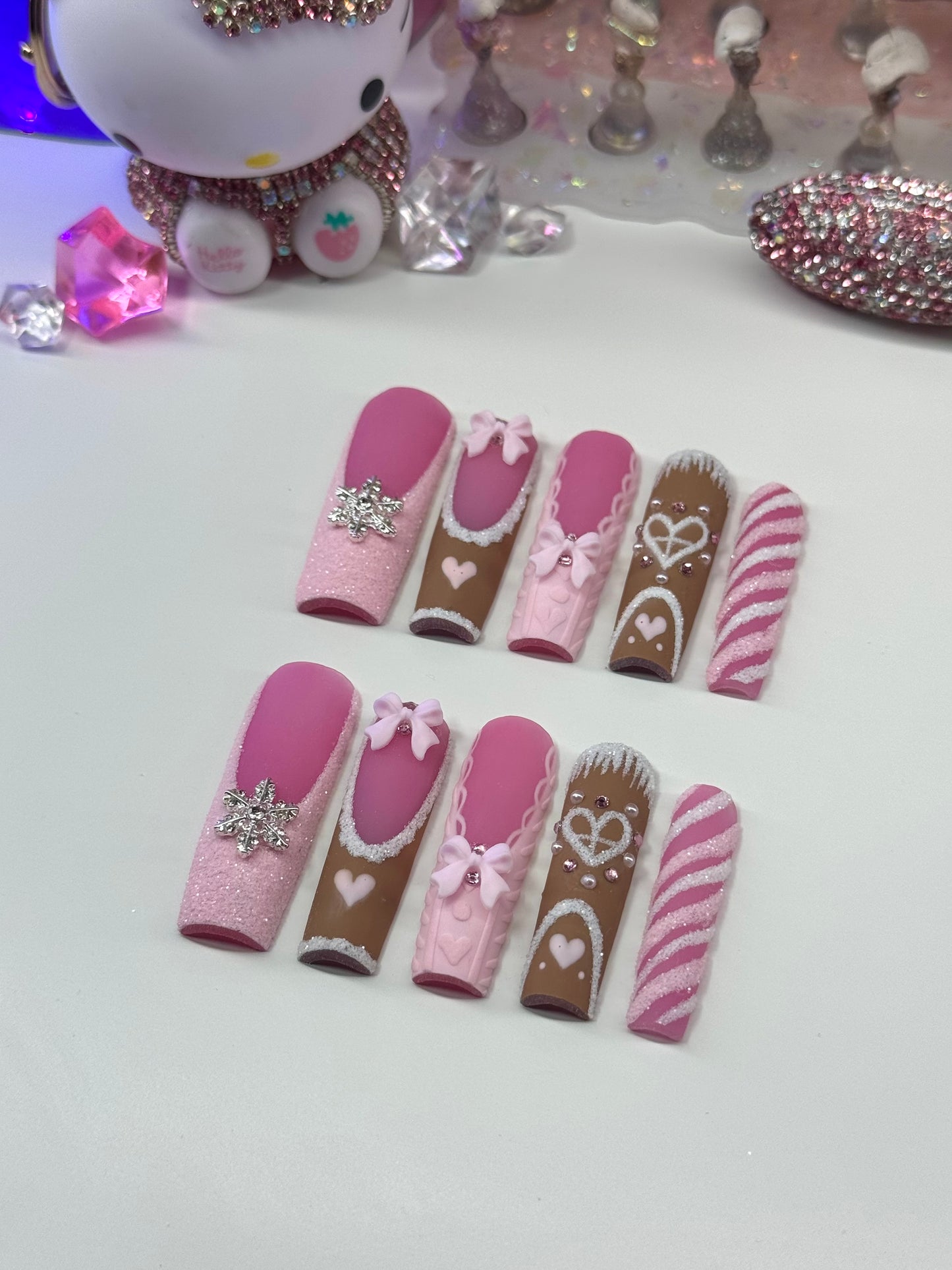 Acrylic Baddie Christmas Gingerbread House Pink Press On Nails