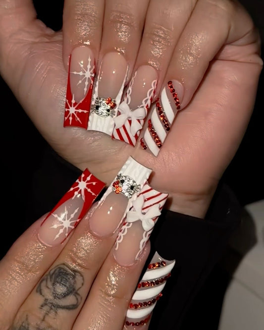 Acrylic Cute Baddie Christmas Kawaii Red White Winter Press On Nails