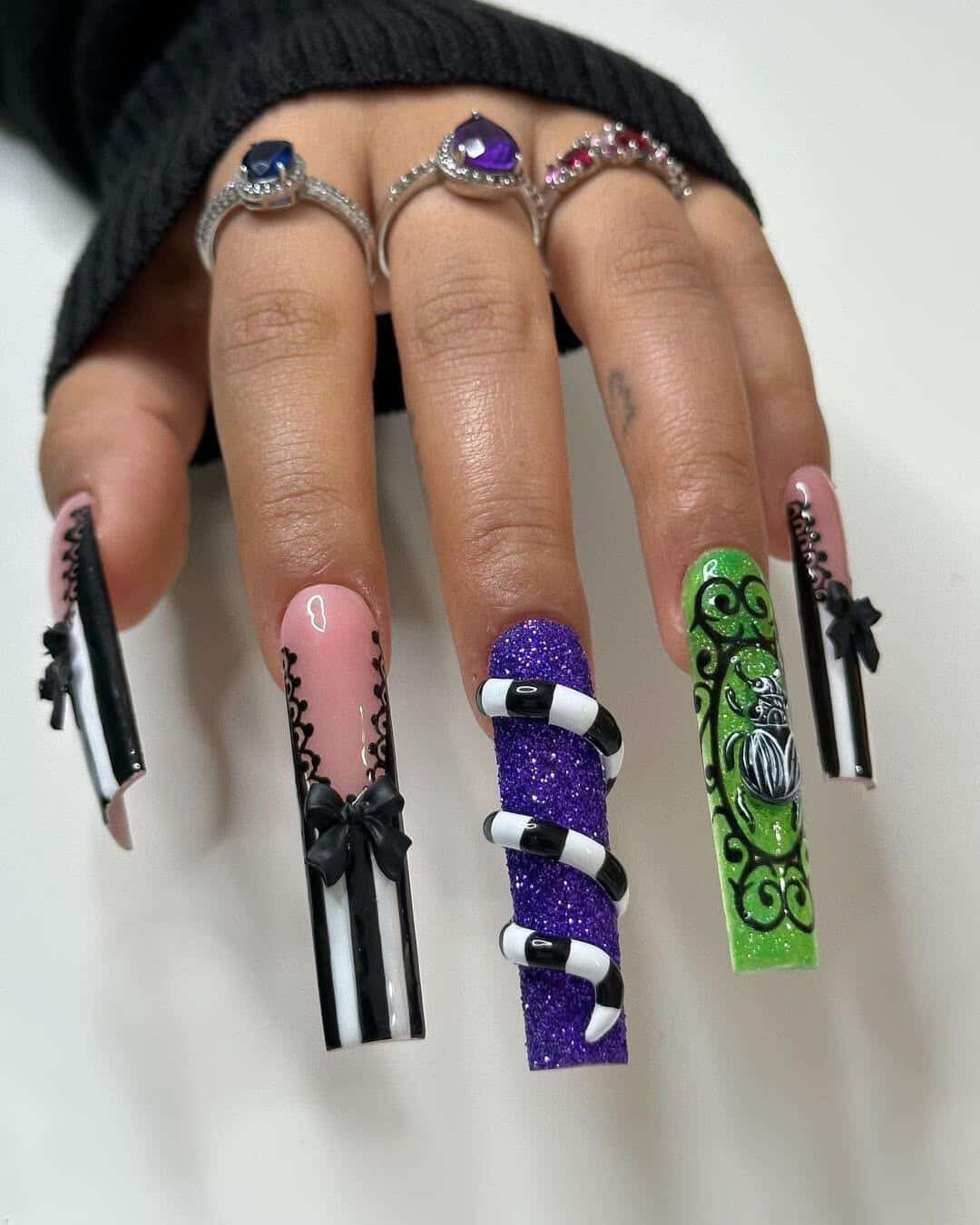 Acrylic Baddie Halloween Black Bows 3D Press On Nails