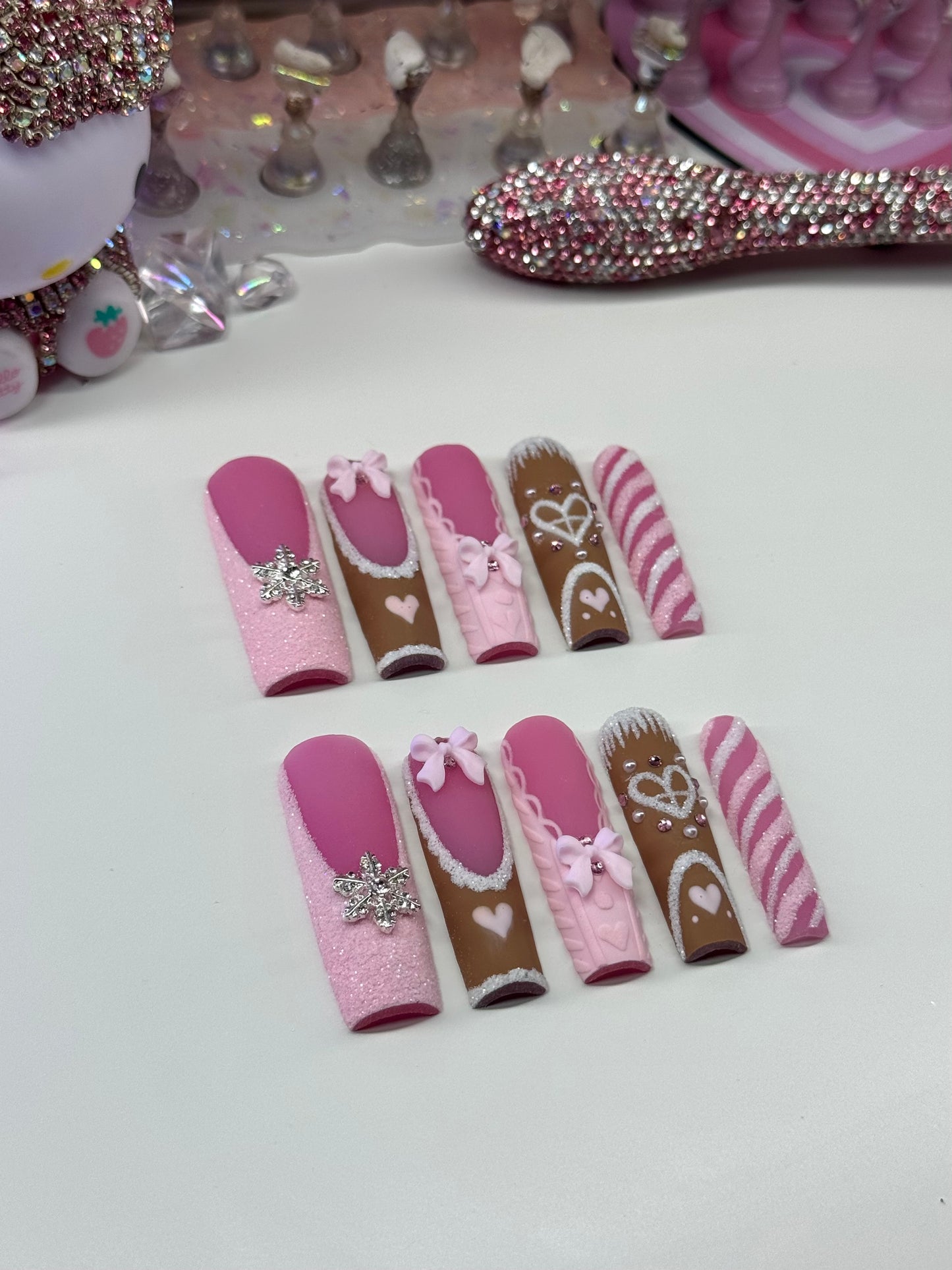 Acrylic Baddie Christmas Gingerbread House Pink Press On Nails