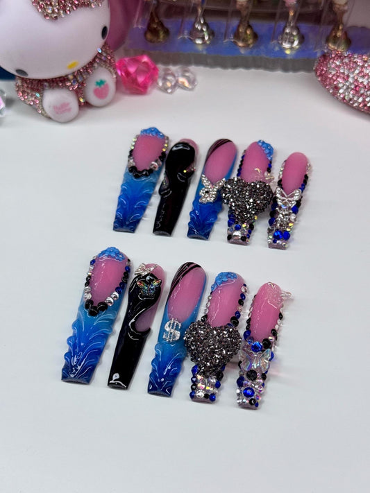 Y2K Luxury Blue Black & Silver Acrylic Press On Nails