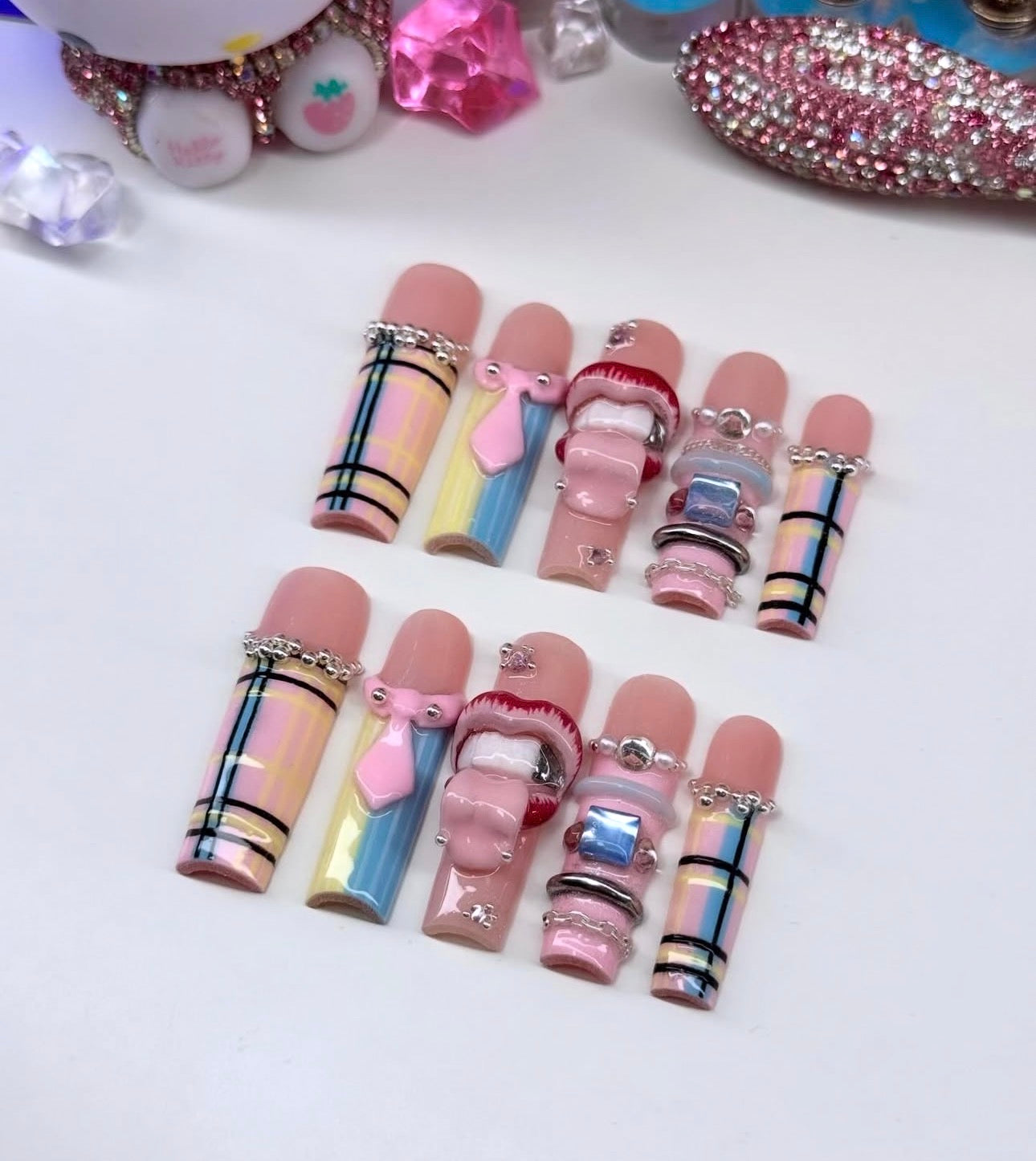Acrylic Cute Baddie Cardi B Plaid Inspired 3D Press On Nails