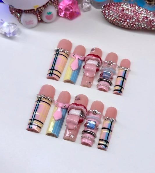 Acrylic Cute Baddie Cardi B Plaid Inspired 3D Press On Nails
