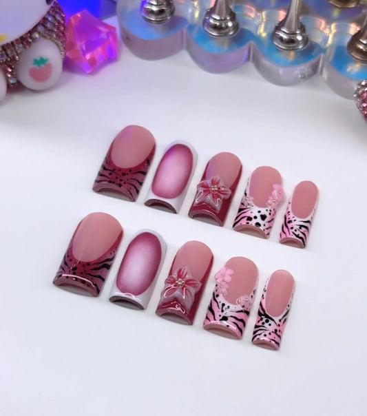Acrylic French Tips 3D Flowers Pink Animal Print Press Ons