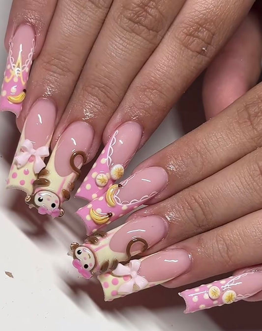 Acrylic Cute 3D Monkey Pink & Yellow Press On Nails