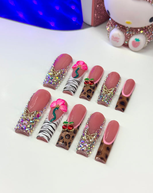 Acrylic Baddie French Tips Bling & 3D Flowers