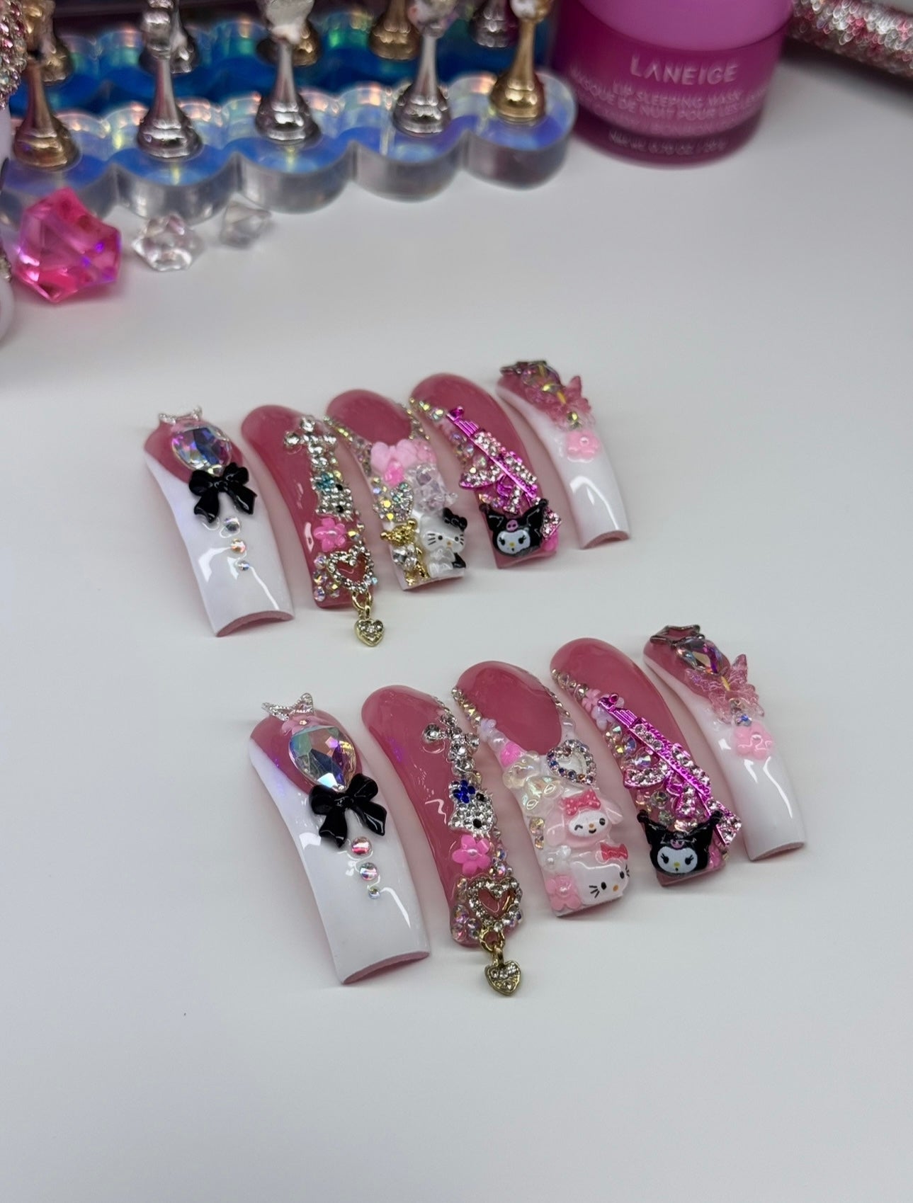 Baddie Acrylic Bows White Kawaii Frenchies & Bling Press On Nails