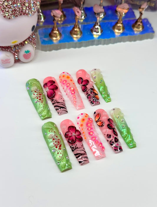 Acrylic Cute Y2k Baddie 3D Sculpted Flowers Butterfly Press On Nails