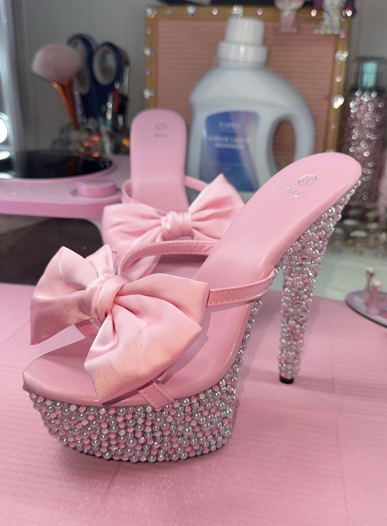 Luxury Custom Bling Pink Bow High Heels