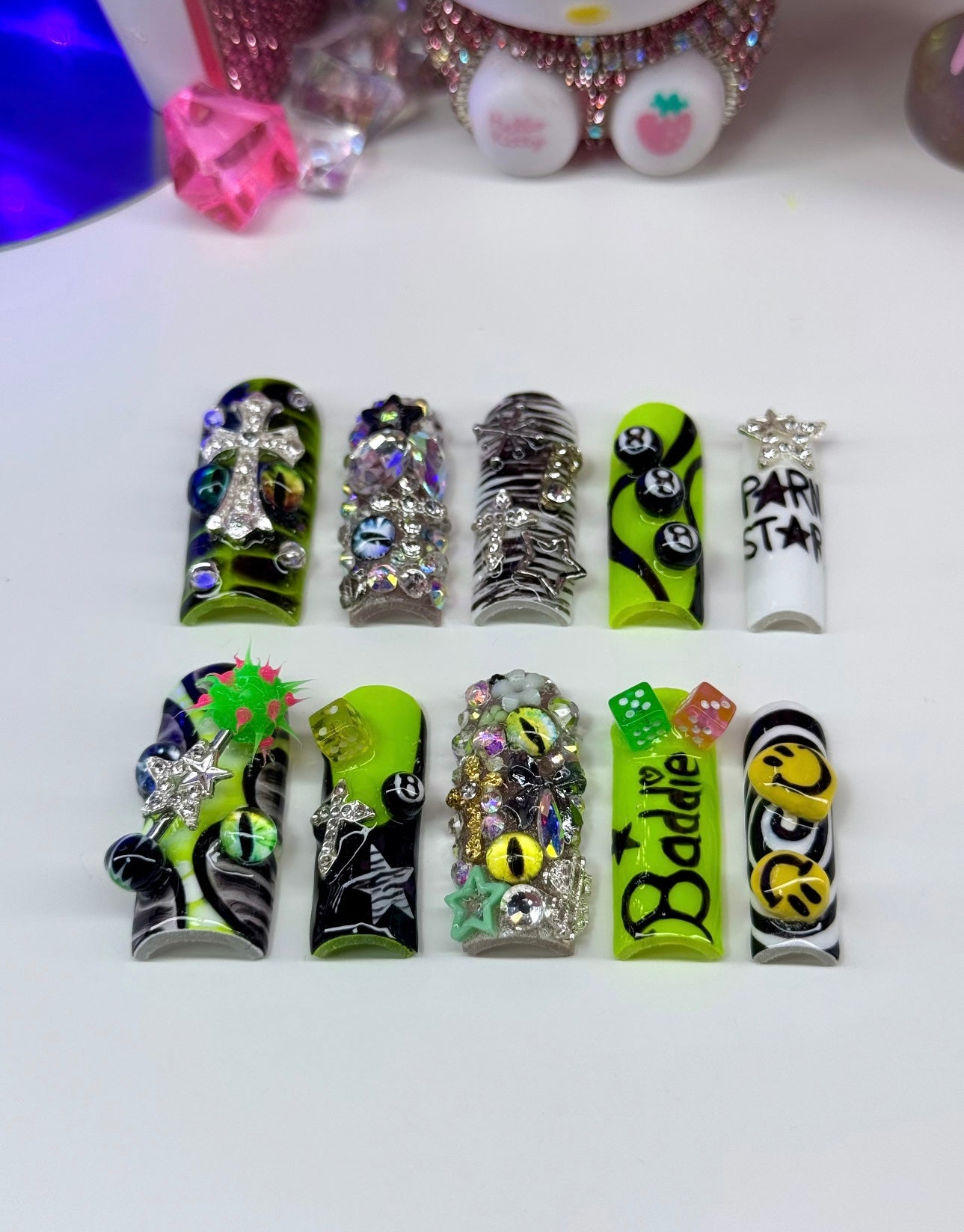 Acrylic Cute Baddie Press On Nails Black & Green 3D Stargirl