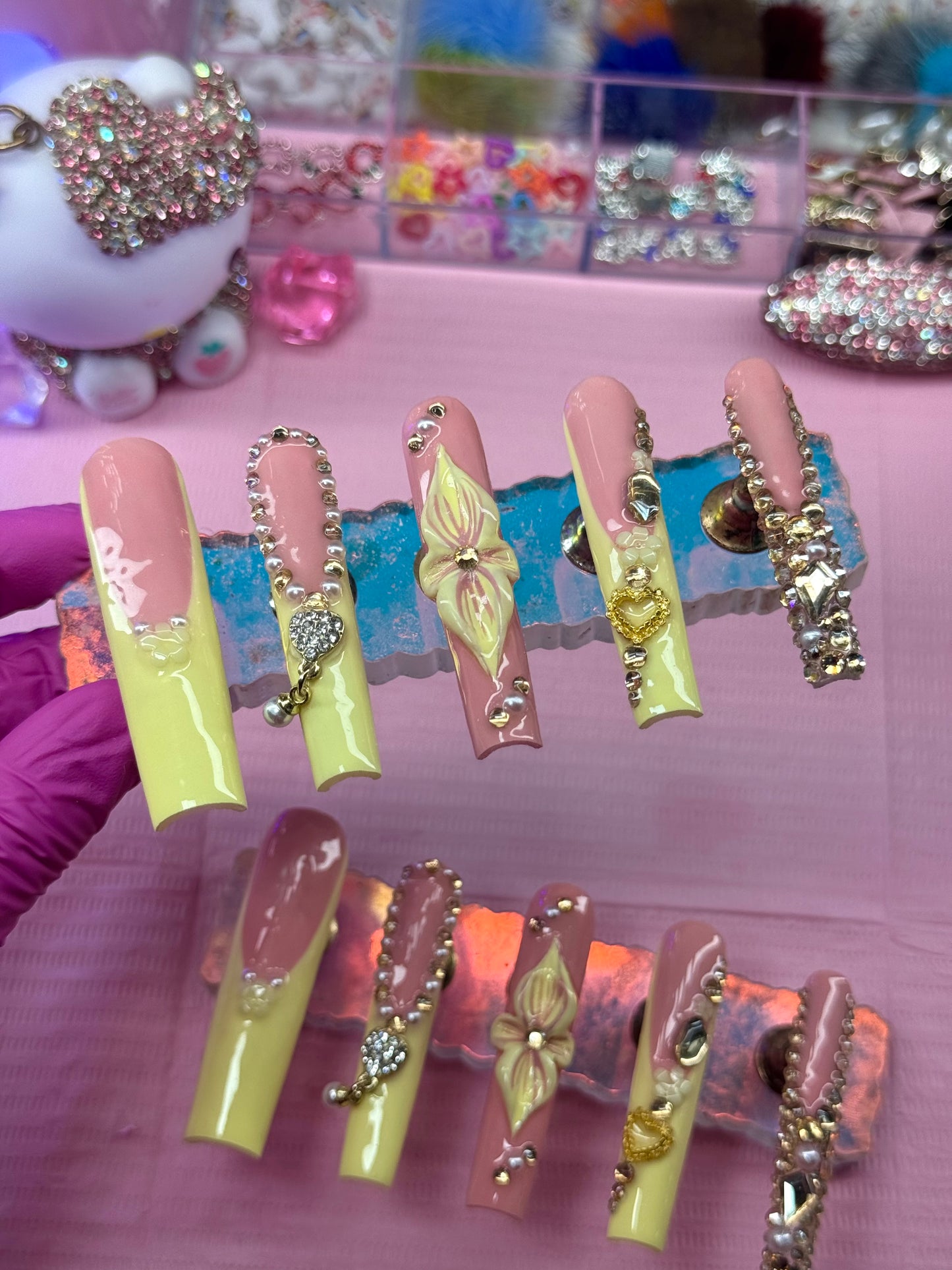 Baddie Acrylic Press On Nails Pretty Spring Yellow 3D Flowers & Bling