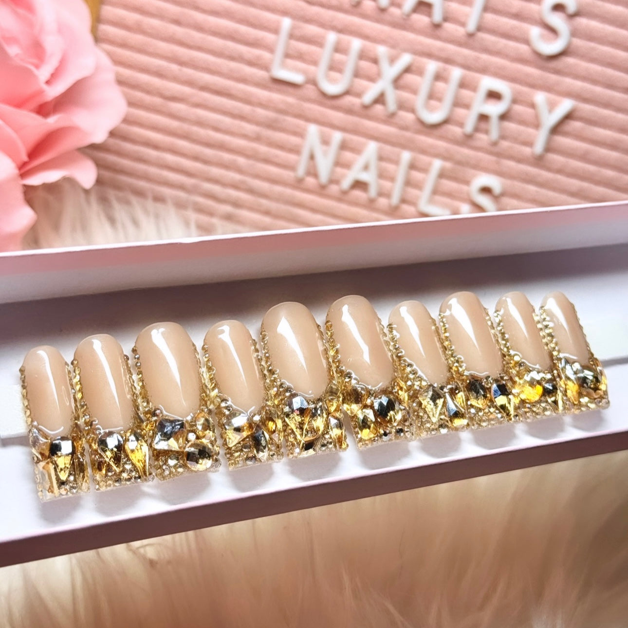 Cute French Tips Gold Bling Acrylic Press On Nails