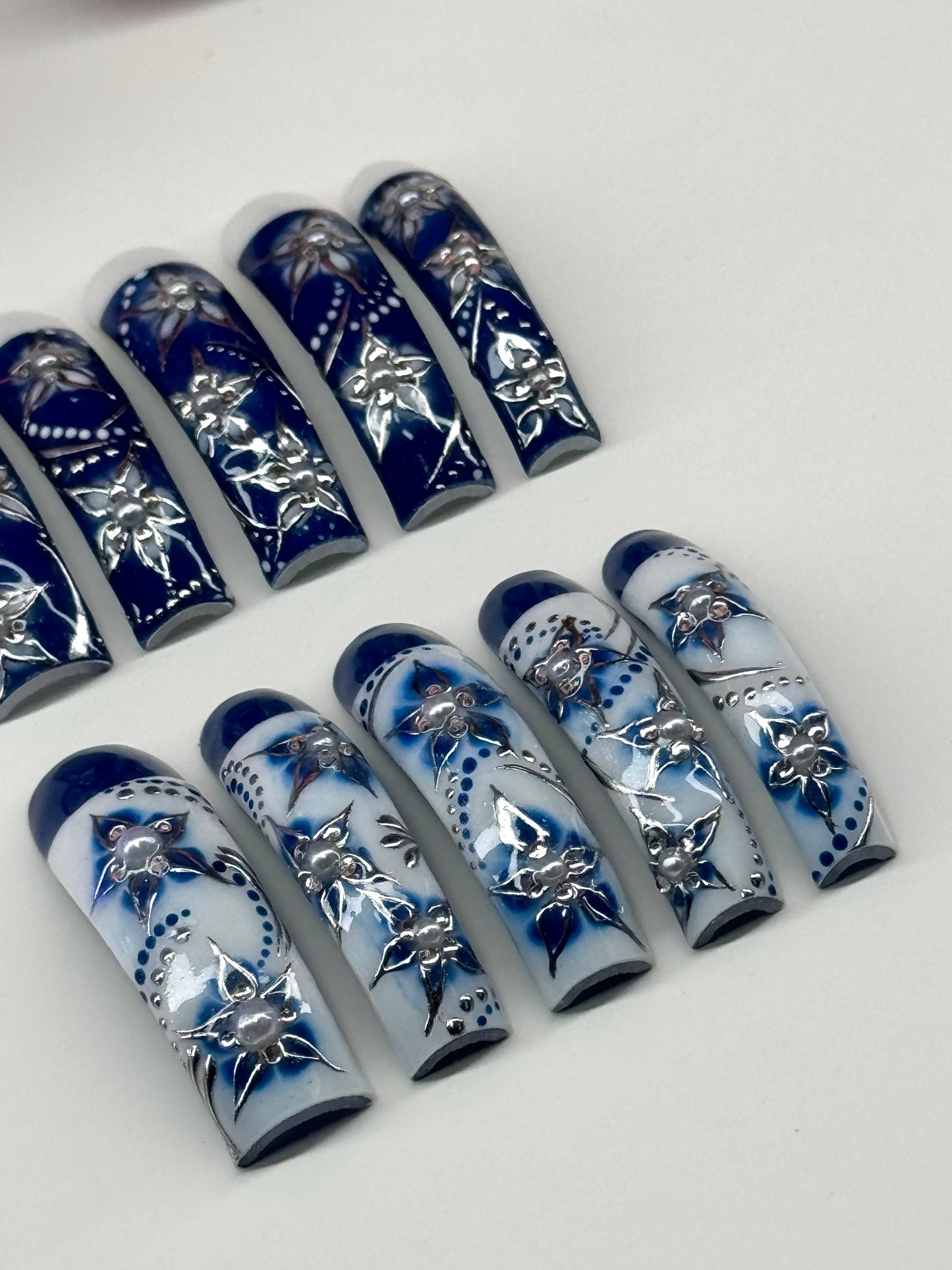 Acrylic French Tips Blue White Flowers & Silver Chrome Press Ons