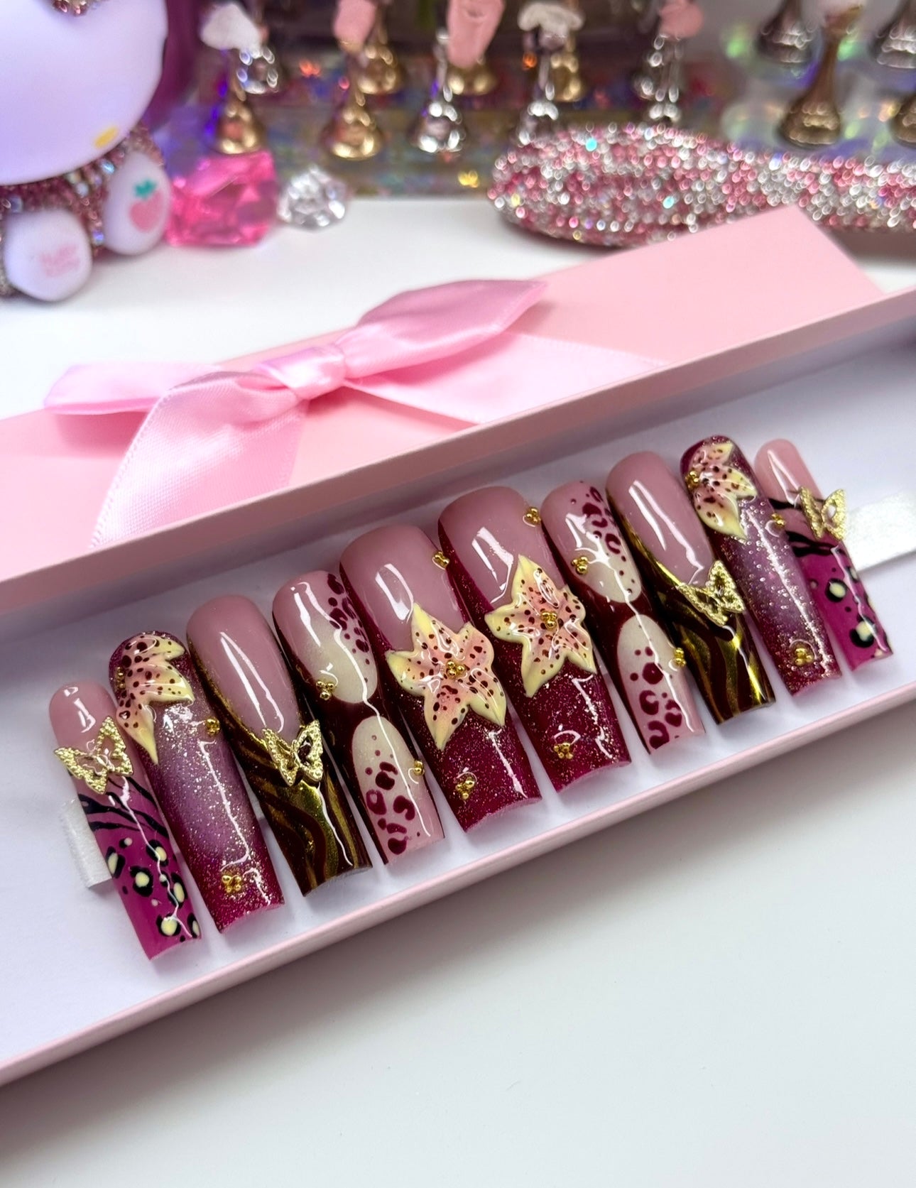 Acrylic Baddie Magenta 3D Floral Press On Nails