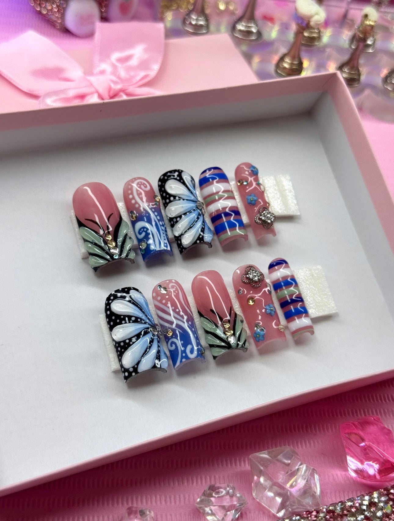 Acrylic Baddie French Tips Stripes Butterfly Blue Press On Nails