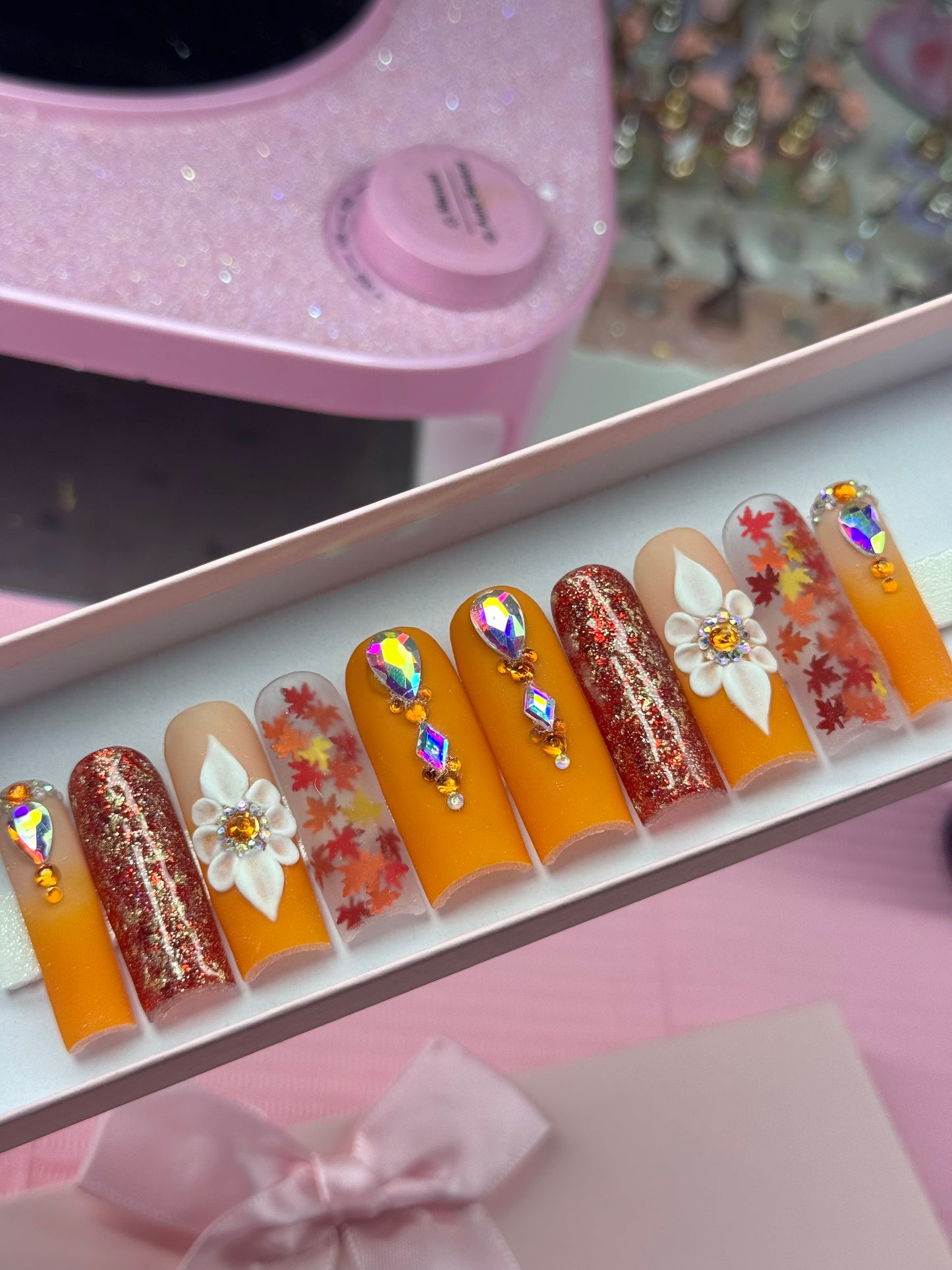 Acrylic Fall Bling Orange Leaves Matte Press On Nails