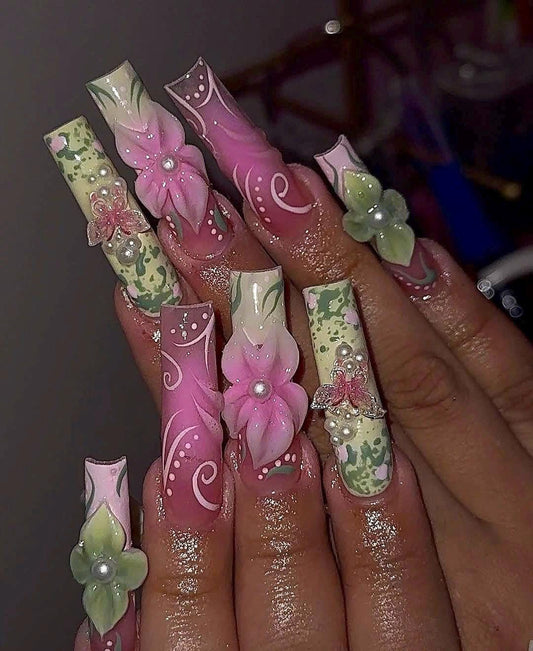 Acrylic French Tip 3D Pastel Green & Pink Spring Press On Nails
