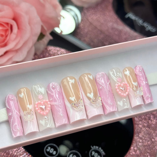 Y2K Pink Acrylic Coquette Press On Nails French Tips & Pearls